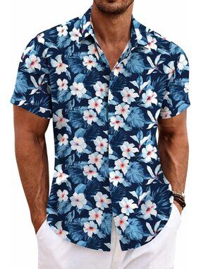 Men's Floral-deep Blue White Classic Beach Linen Sleeve Casual Imported Shirt